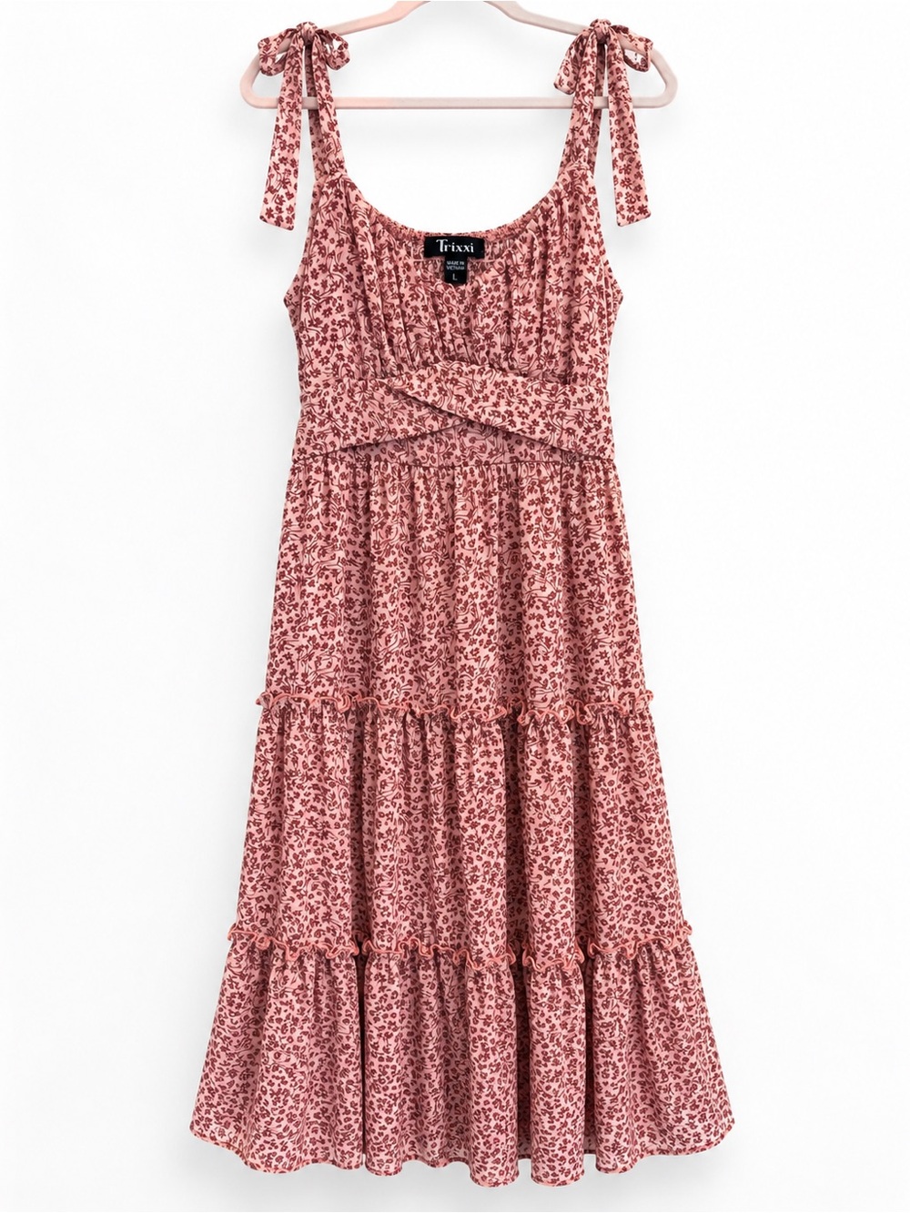 Trixxi Floral Tiered Midi Dress L Pink Boho Cottagecore Tie Strap Sundress